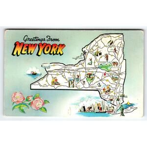 Greetings From New York Map Postcard State Postcard Colourpicture Chrome